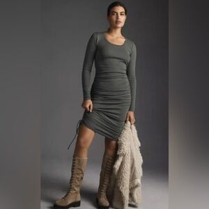 TNA Long-Sleeve Ruched Dress NWT Anthropologie Large Moss Green